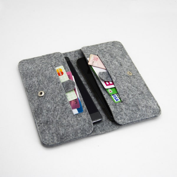 Handgefertigte Filz Doppel Handy Lange Brieftasche / Iphone vertikal bifold case / Handy und Powerbank Store Wallet