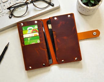 Handmade Leather Double Phone Wallet: Bifold Case for iPhone & Android