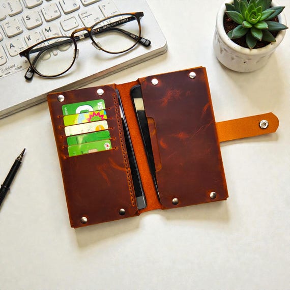 Handmade Leather Double Phone Wallet: Bifold Case for iPhone & Android (USA  Duty Free) - Etsy