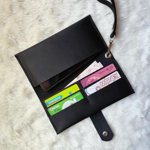 Handmade Leather Phone Wallet – Snap Closure Long Wallet with Card Slots, Bill Pocket & Wristlet