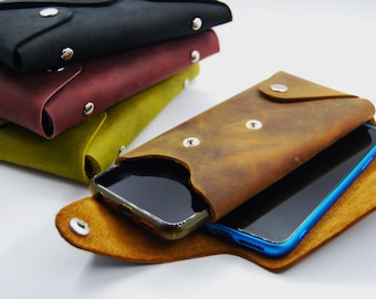 Funda para teléfono con billetera doble de cuero de Caballo Loco hecha a mano