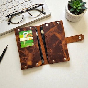Handmade Leather Dual Phone Wallet, Genuine Crazy Horse leather Phone Case
