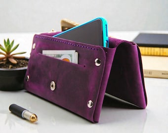 Handmade Leather Dual Phone Wallet: Crazy Horse Leather, Card Slots