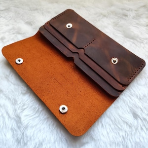 Handmade Crazy Horse Leather Long Wallet: Minimalist Bifold with Snap