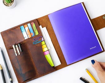 A5 Leather Folio Organizer, Handmade Notebook Cover, Refillable Journal