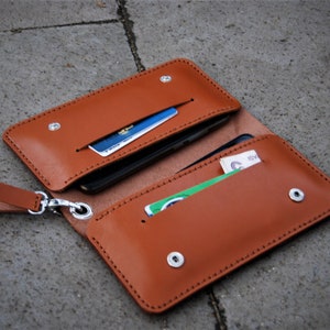 Cartera doble de cuero para teléfono, cartera de cuero para iPhone, funda de cuero para dos teléfonos, cartera doble plegable para iPhone, cartera para dos teléfonos.