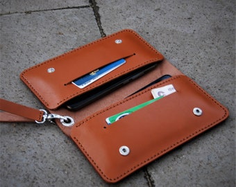 Cartera doble de cuero artesanal: Funda plegable para iPhone