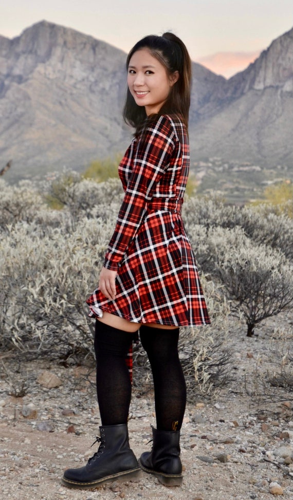 red plaid a line dress Women's Retro Plaid Dress, Long Sleeve Pullover Maxi Dress, Vintage A Line Dress for Holiday(Small) at Amazon Women's Clothing store