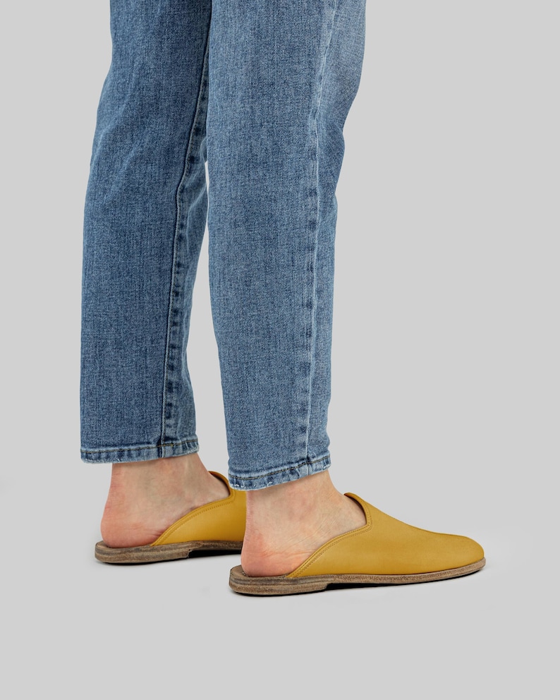 Mustard Leather Barefoot Slippers, MEN Mule With Heeled, Leather Sandal