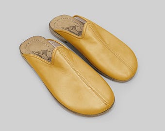 Mustard Leather Mules: Handmade Men’s Slip-Ons with Wide Toe Box