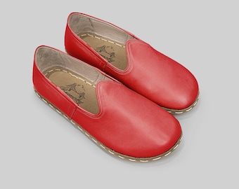 Zapatos de piel rojos para mujer con puntera ancha - Drop cero, suaves, cosidos a mano - Diseño de anatomía del pie de taller turco