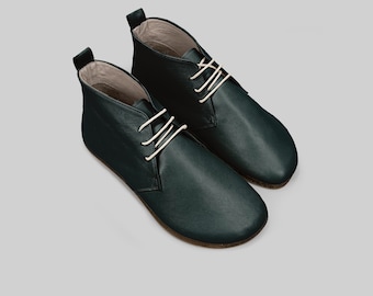Green Chukka Ankle Boots Mens - Wide Toe Box Zero Drop Barefoot, Hand-Stitched - Toe Spread Foot-Anatomy Design