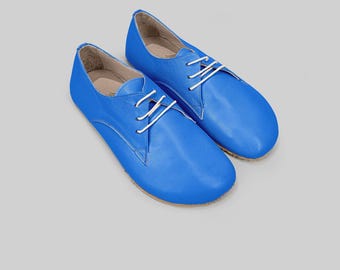 Blue Barefoot Oxford Womens Slip-On - Wide Toe Box Zero Drop, Hand-Stitched Leather - Vegetable-Tanned Slow-Fashion Footwear