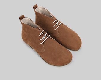 Men's Leather Ankle Boots: Tan Nubuck, Wide Toe Box - Barefoot Style