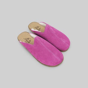 Women’s Leather Mules, Fuchsia Nubuck, Shearling Lined (Slip-On)