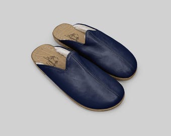 Pantuflas de Cuero para Hombre: Lana Azul Marino Forro Confort (Wide Toe Box)