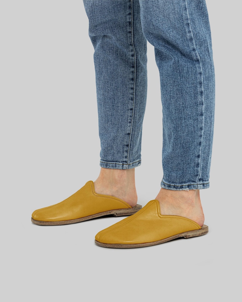 Mustard Leather Barefoot Slippers, MEN Mule With Heeled, Leather Sandal