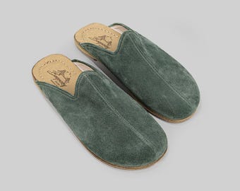 Men's Handmade Suede Mules, Green Wool Lined (Indoor Outdoor Slip-Ons)