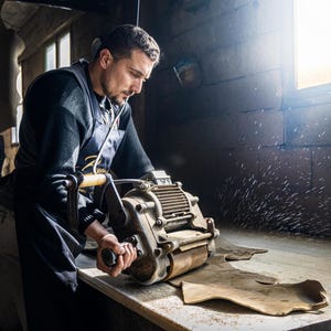 A man is working on a machine in a workshop, using a tool to operate the machine.