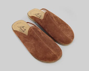 Women’s Leather Mules: Tan Suede Slip-On - Wide Toe Box Comfort