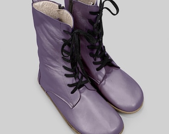 Stivali Viola Donna Wide Toe Box Minimalisti - Zero Drop In Pelle Cucita A Mano, Anatomia Del Piede - Patrimonio Tagliato A Mano