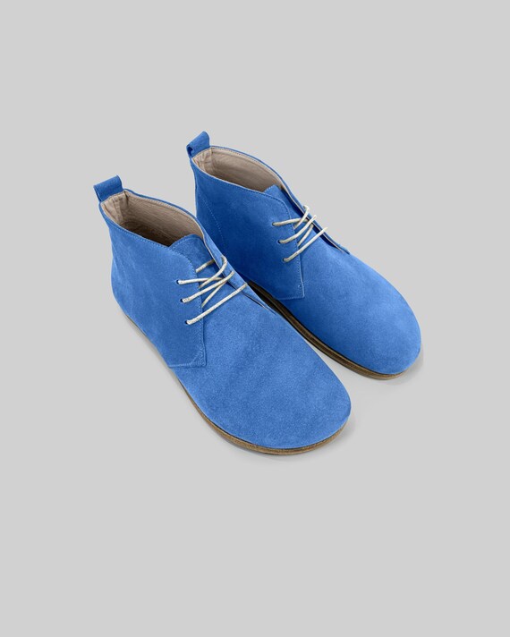 Blue Chukka Ankle Boots Mens - Wide Toe Box Zero Drop Barefoot, Hand-Stitched - Foot Shaped Heritage Footwear