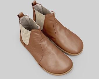 Botines Chelsea descalzos para mujer, piel color marrón claro (punta ancha, sin cordones)