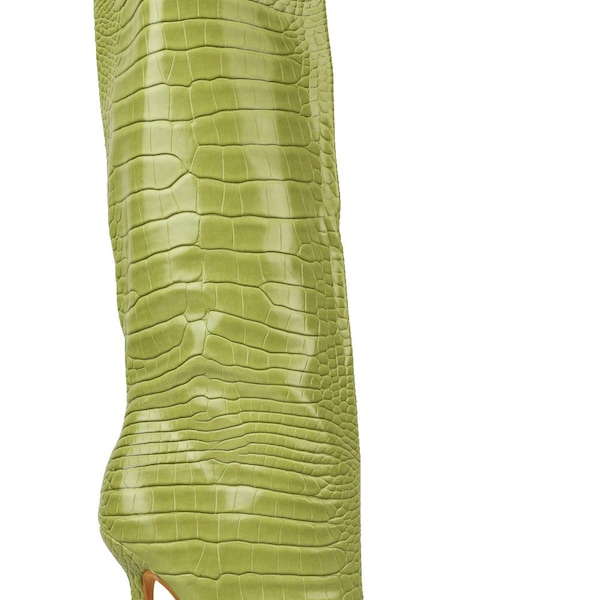 Eve green faux croc pointed toe flared square heel knee high boot