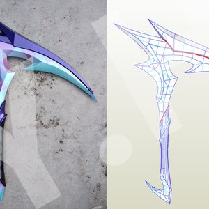 May include: A blue, purple, and pink fantasy-style scythe with a curved blade and a detailed handle. The scythe is shown next to a wireframe model of the same scythe.