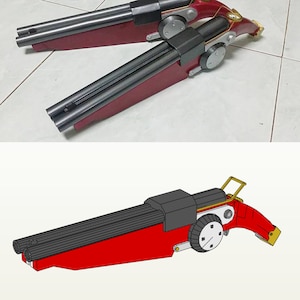 May include: Two prop weapons, a pair of double-barreled shotguns, are displayed. The shotguns feature a red and black color scheme with metallic silver barrels. The design includes circular and rectangular components, with a gold-colored accent.