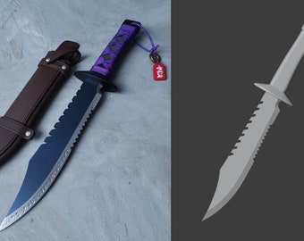 May include: A black and blue knife with a purple handle and a serrated blade. The knife is in a brown leather sheath. The knife has a tag with the text "HTL" on it.
