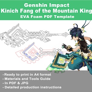 May include: A black and white line drawing of a weapon called "Kinich Fang of the Mountain King" from the video game Genshin Impact. The weapon is a large axe with intricate details. The drawing is labeled "EVA Foam PDF Template" and includes instructions for creating a foam replica of the weapon.