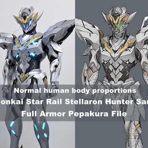Puede incluir: Un robot blanco y dorado con luces azules, de pie en una postura de cuerpo humano normal. El robot lleva una armadura completa. El texto "Normal human body proportions Honkai Star Rail Stellaron Hunter Sam Full Armor Pepakura File" se muestra debajo del robot.