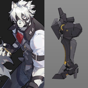 以下が含まれることがあります： 黒と白の衣装を着た白い狼のようなキャラクターで、赤いスカーフをしています。キャラクターは赤い目が透けて見える黒い眼帯をしています。キャラクターは黒と金の機械的な腕を持っています。