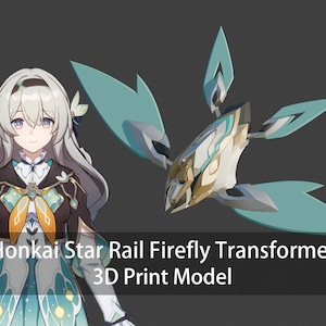 May include: A 3D printed model of a blue and gold robot with wings, titled "Honkai Star Rail Firefly Transformer 3D Print Model".