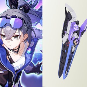 Könnte beinhalten: Eine futuristische Waffe in Lila und Blau mit einem silbernen Griff und einem schwarz-weißen Design. Die Waffe trägt die Aufschrift "FLAME".