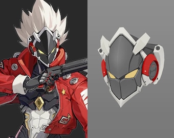 May include: A red and white robot with a black helmet and a gun. The robot has a white and black chest piece and a red jacket. The robot is standing in front of a gray background. The helmet is also shown separately.