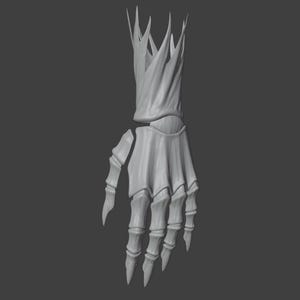 May include: A gray, 3D-rendered skeletal hand with a crown-like structure at the wrist. The hand is detailed, with visible bones and sharp, pointed fingertips. The background is a solid gray.
