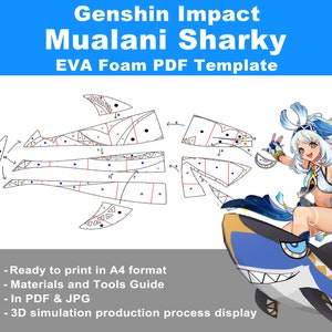 May include: A printable PDF template for a Genshin Impact Mualani Sharky costume. The template includes a detailed diagram of the shark costume pieces, with instructions for assembly. The image also shows a character from the game riding the shark costume.