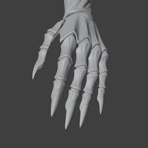 May include: A grayscale image of a skeletal hand with long, pointed fingernails. The hand is in a downward position, with the fingers slightly curved. The bones are detailed, and the overall effect is a gothic or fantasy theme.