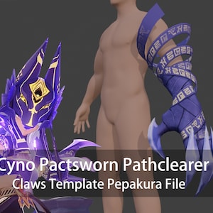 May include: Purple and gold 3D printed model of a character's claws from the video game Genshin Impact. The claws are designed to be used with a 3D printing program called Pepakura.