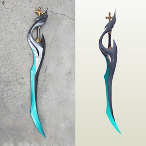 May include: A teal and silver sword with a cross at the top. The sword has a curved blade and a decorative handle.