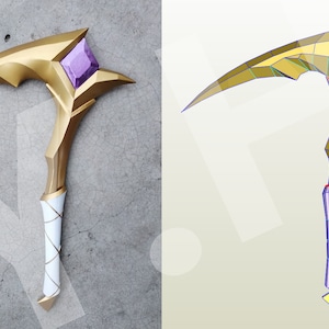 May include: A golden scythe with a purple gemstone at the top of the blade. The handle is white with a gold trim.