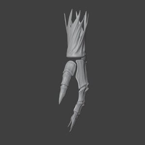 May include: A 3D-rendered, gray skeletal hand with sharp, claw-like fingers. The wrist area has a textured, organic appearance, and the fingers are segmented. The hand is set against a dark gray background.