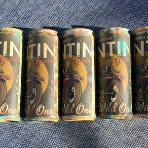TINTIN COLLECTION Cans with Posters of Tintin on a motorcycle,Vintage,Military and Camouflage,Artisan y Unique,Special Gift.Captain Haddock