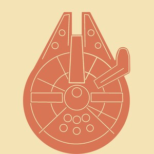 May include: A red and white line drawing of a spaceship, resembling the Millennium Falcon from Star Wars.