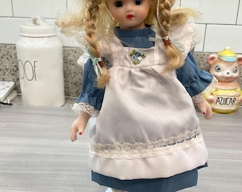 Vintage Regency Fine Arts Porcelain Doll With Blue Dress And Pinafore 13”