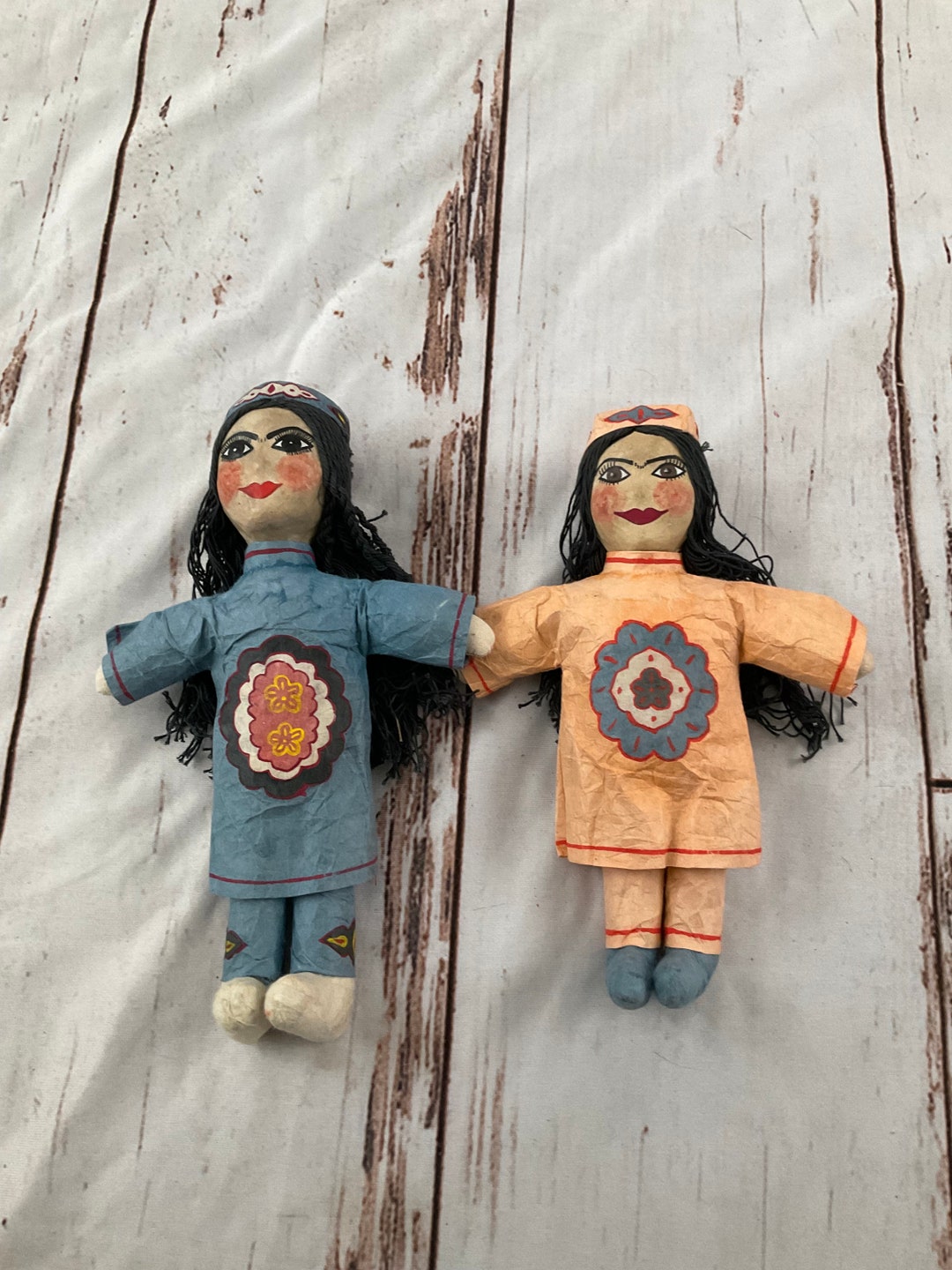 Two Vintage Handmade Paper Mache and String Dolls - Etsy