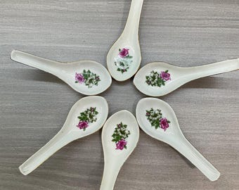 Vintage Set Of 6 Soup Spoons Floral Print Gold Rimmed Porcelain Or Ceramic