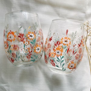 Set of 2 Hand- painted Stemless Glass Wine Glasses 16oz, Floral wine glasses, Fall wine glasses